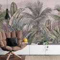 Fototapeta Pattern Wallpaper Jungle Tropical Drawings Of Palms Trees And Birds Of Different Colors With Birds And Pink Backgroun