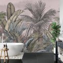 Fototapeta Pattern Wallpaper Jungle Tropical Drawings Of Palms Trees And Birds Of Different Colors With Birds And Pink Backgroun