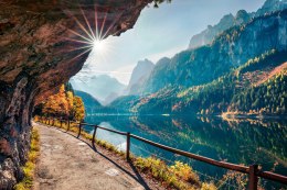 Fototapeta Sunny Autumn Scene Of Vorderer ( Gosausee ) Lake. Colorful Morning View Of Austrian Alps, Upper Austria, Europe. Beau