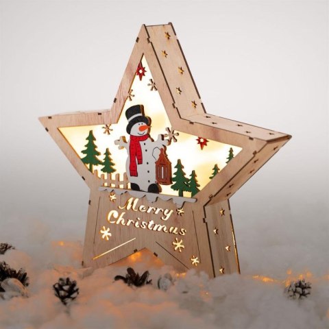 Drewniana gwiazda z motywem bałwanka, 8 LED , ciepła biel