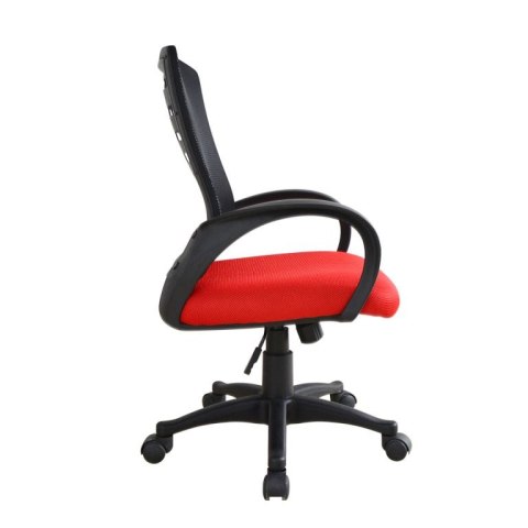 Krzesło biurowe z siatkowym oparciem i czerwonym siedziskiem