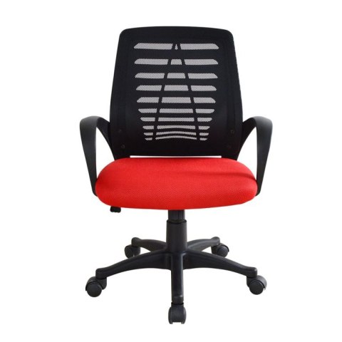 Krzesło biurowe z siatkowym oparciem i czerwonym siedziskiem