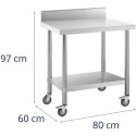 Stół blat roboczy przyścienny z rantem na kółkach 2 poziomy 60 x 80 cm STAL