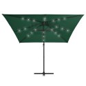 VidaXL Parasol wiszący z LED i stalowym słupkiem, 250x250 cm, zielony