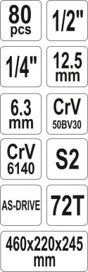 Skrzynka narzędziowa 1/2 ", 1/4" - 80 szt