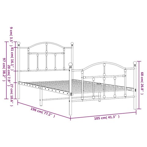 Metalowa rama łóżka z wezgłowiem i zanóżkiem, biała, 100x190 cm