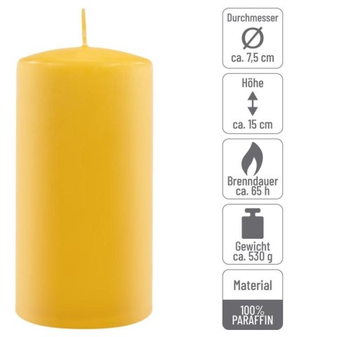 Zestaw świec słupkowych, 15 cm, Ø 7,5 cm, żółty, 4 sztuki.