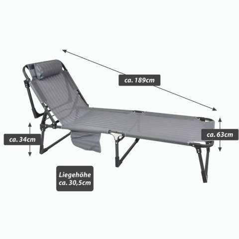 Składany leżak z poduszką, szary, wymiary: 189 x 63 x 34 cm.