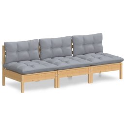 3-osobowa sofa ogrodowa z szarymi poduszkami, drewno sosnowe