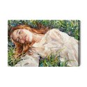 Obraz Na Płótnie .A Red-Haired Beauty, A Young Girl Lies And Dreams On The Field Among Various Summer Grasses And Wildflowers. O