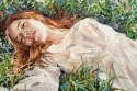 Obraz Na Płótnie .A Red-Haired Beauty, A Young Girl Lies And Dreams On The Field Among Various Summer Grasses And Wildflowers. O