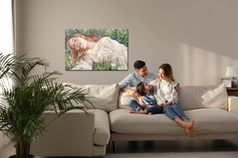 Obraz Na Płótnie .A Red-Haired Beauty, A Young Girl Lies And Dreams On The Field Among Various Summer Grasses And Wildflowers. O