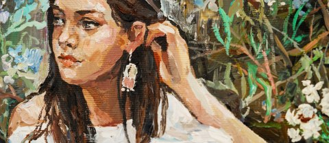 Obraz Na Płótnie A Young Girl Is Sitting In An Ethnic White Dress. The Background Depicts An Autumn Field With Flowers And Herbs