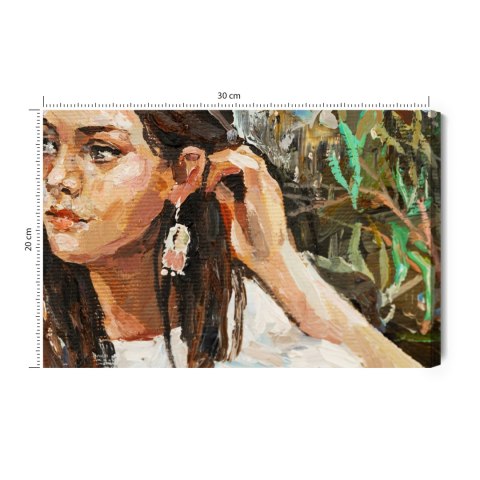 Obraz Na Płótnie A Young Girl Is Sitting In An Ethnic White Dress. The Background Depicts An Autumn Field With Flowers And Herbs