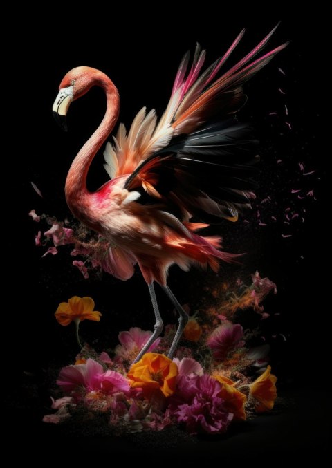 Plakat Flaming Z Kwiatami Na Surrealistycznej Ilustracji