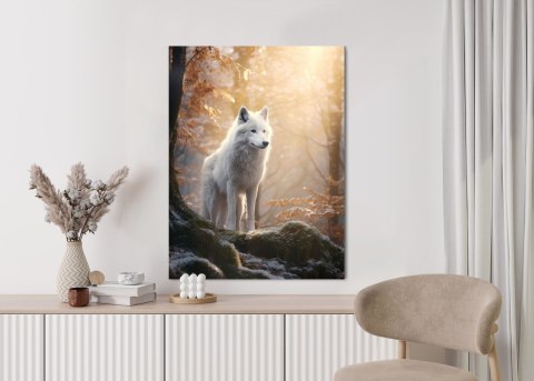 Plakat Biały Wilk Stojący Na Skale W Lesie