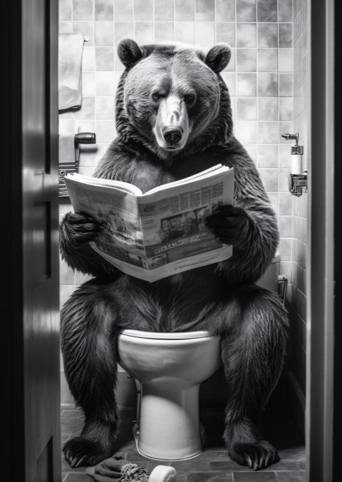 Plakat Czarno-Biały Niedźwiedź W Toalecie