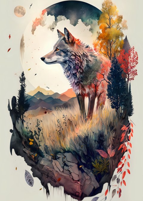 Plakat Kolorowy Wilk W Naturalnym Krajobrazie