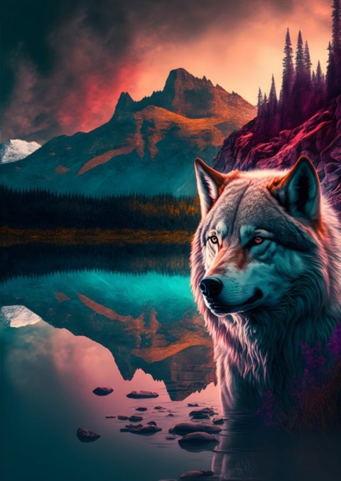 Plakat Majestatyczny Wilk Oświetlony Żywym Kolorowym Światłem W Górach