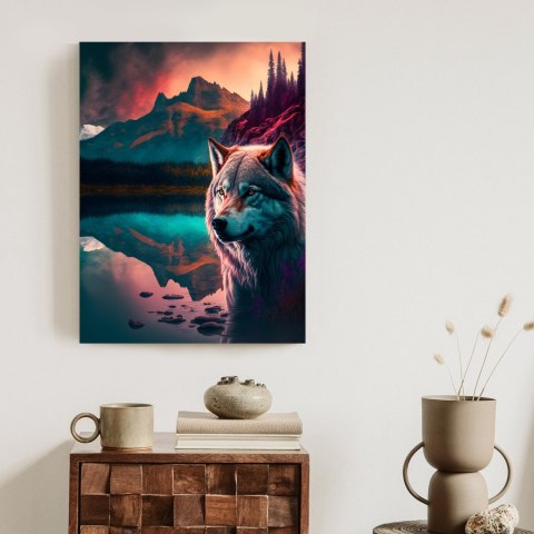 Plakat Majestatyczny Wilk Oświetlony Żywym Kolorowym Światłem W Górach