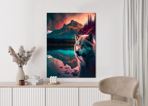 Plakat Majestatyczny Wilk Oświetlony Żywym Kolorowym Światłem W Górach