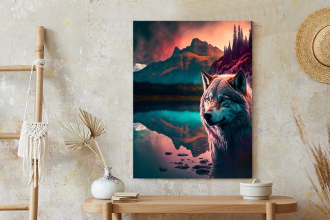 Plakat Majestatyczny Wilk Oświetlony Żywym Kolorowym Światłem W Górach