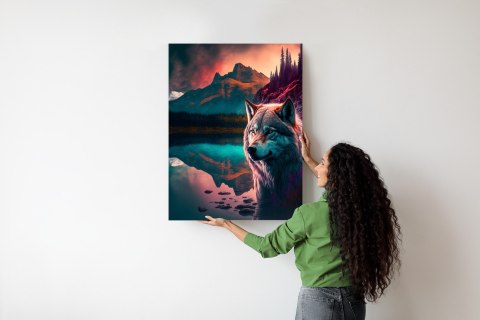 Plakat Majestatyczny Wilk Oświetlony Żywym Kolorowym Światłem W Górach