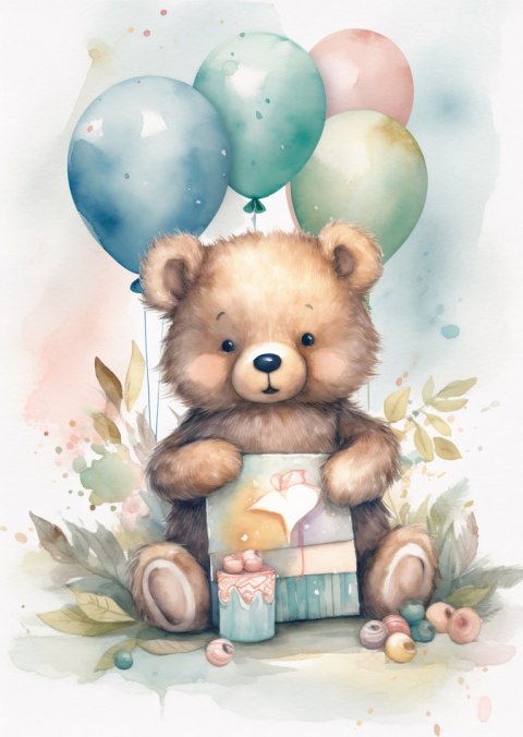 Plakat Niedźwiadek Z Pękiem Balonów