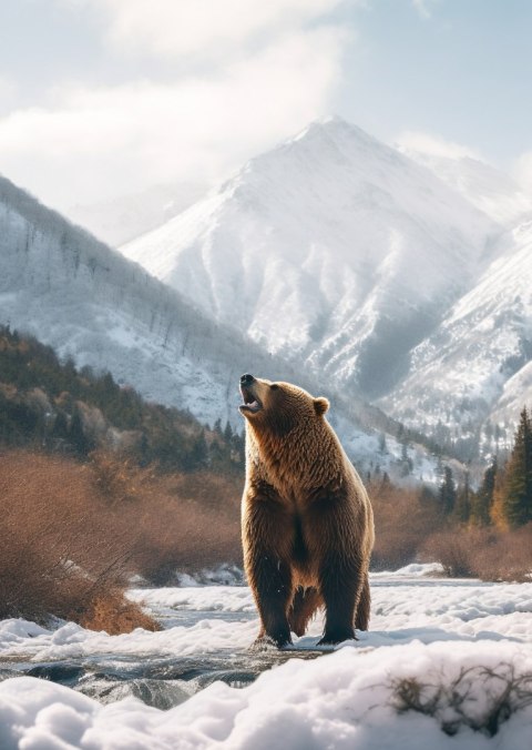 Plakat Niedźwiedź Grizzly Przed Śnieżnym Pasmem Górskim