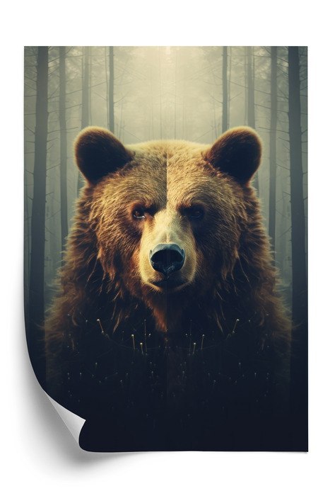 Plakat Ogromny Niedźwiedź W Zamglonym Lesie
