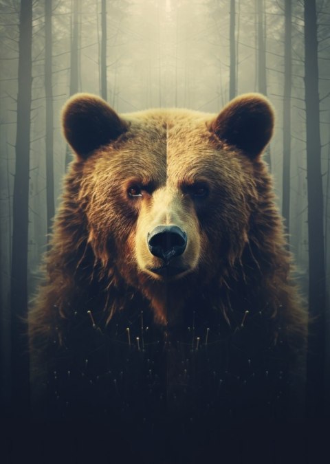 Plakat Ogromny Niedźwiedź W Zamglonym Lesie