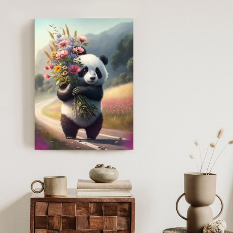 Plakat Panda Trzymająca Kwiaty
