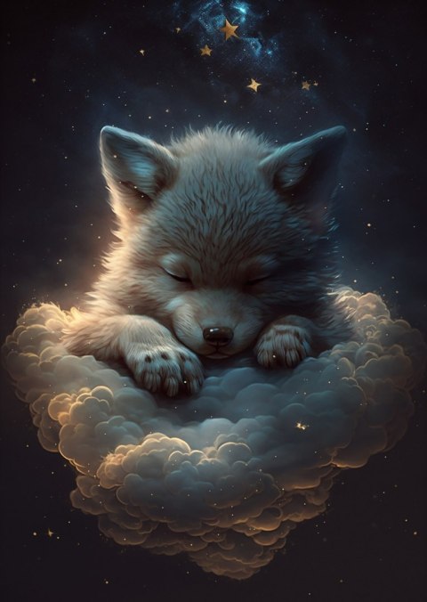 Plakat Uroczy Wilczek Zwierzę Śpiące Na Puszystych Chmurach