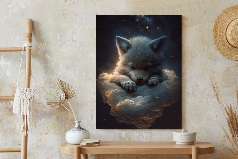 Plakat Uroczy Wilczek Zwierzę Śpiące Na Puszystych Chmurach