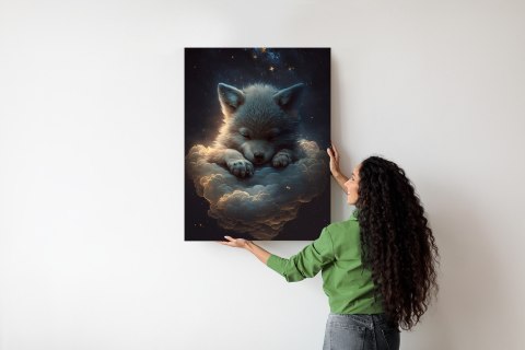 Plakat Uroczy Wilczek Zwierzę Śpiące Na Puszystych Chmurach