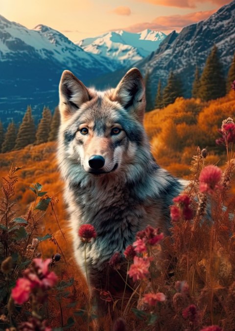 Plakat Wilk W Naturze W Górskiej Dolinie Wśród Kwiatów