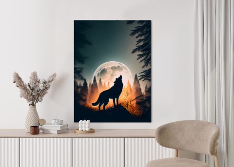 Plakat Wilk Wyjący Na Skale Przy Księżycu