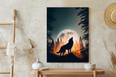 Plakat Wilk Wyjący Na Skale Przy Księżycu