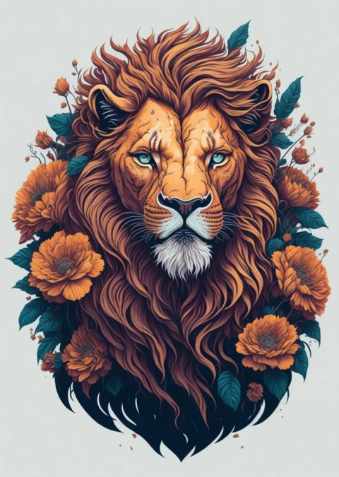 Plakat Głowa Rudego Lwa Z Grzywą I Kwiatami