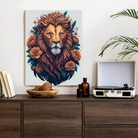 Plakat Głowa Rudego Lwa Z Grzywą I Kwiatami