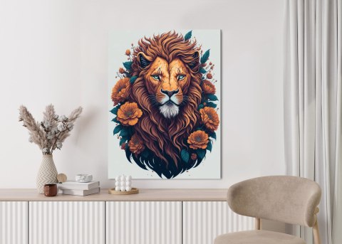 Plakat Głowa Rudego Lwa Z Grzywą I Kwiatami