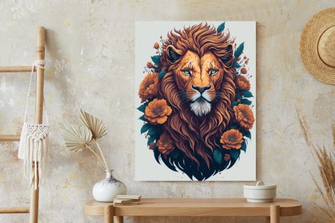 Plakat Głowa Rudego Lwa Z Grzywą I Kwiatami