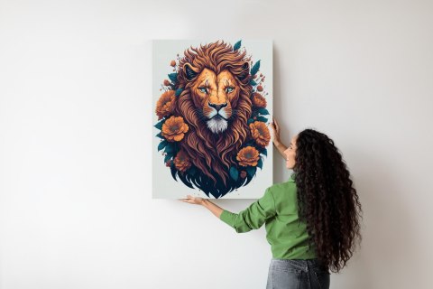 Plakat Głowa Rudego Lwa Z Grzywą I Kwiatami