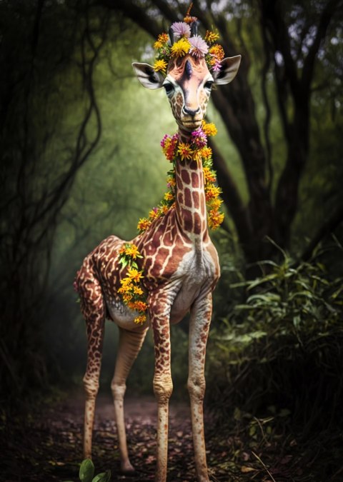 Plakat Młoda Żyrafa Z Nakryciem Z Kolorowych Kwiatów Dżungli