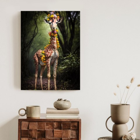 Plakat Młoda Żyrafa Z Nakryciem Z Kolorowych Kwiatów Dżungli