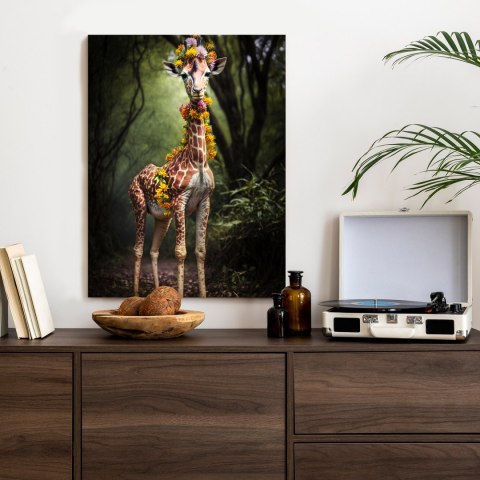 Plakat Młoda Żyrafa Z Nakryciem Z Kolorowych Kwiatów Dżungli