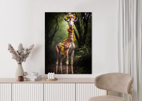Plakat Młoda Żyrafa Z Nakryciem Z Kolorowych Kwiatów Dżungli