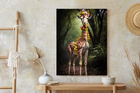 Plakat Młoda Żyrafa Z Nakryciem Z Kolorowych Kwiatów Dżungli