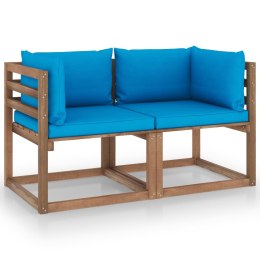 Ogrodowa sofa 2-os. z palet, jasnoniebieskie poduszki, sosna