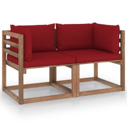 Ogrodowa sofa 2-os. z palet, z bordowymi poduszkami, sosna